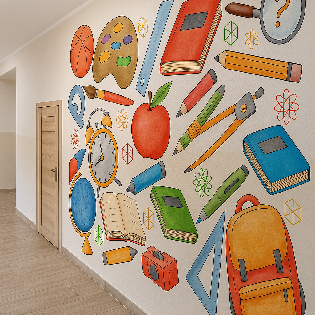 druk ścienny na szkolnym korytarzu